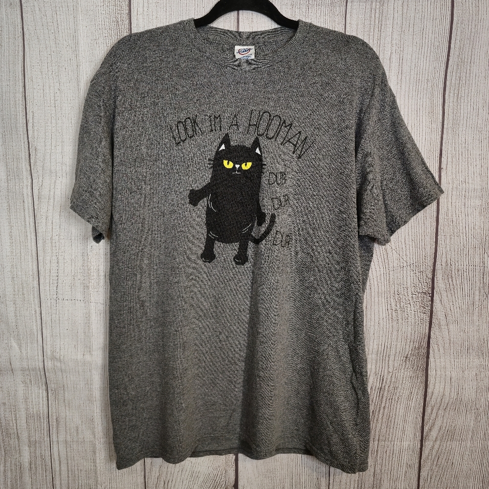 Womens, Heather Gray, Graphic T-Shirt "Look Im A Hooman" Cat, Size : Large
